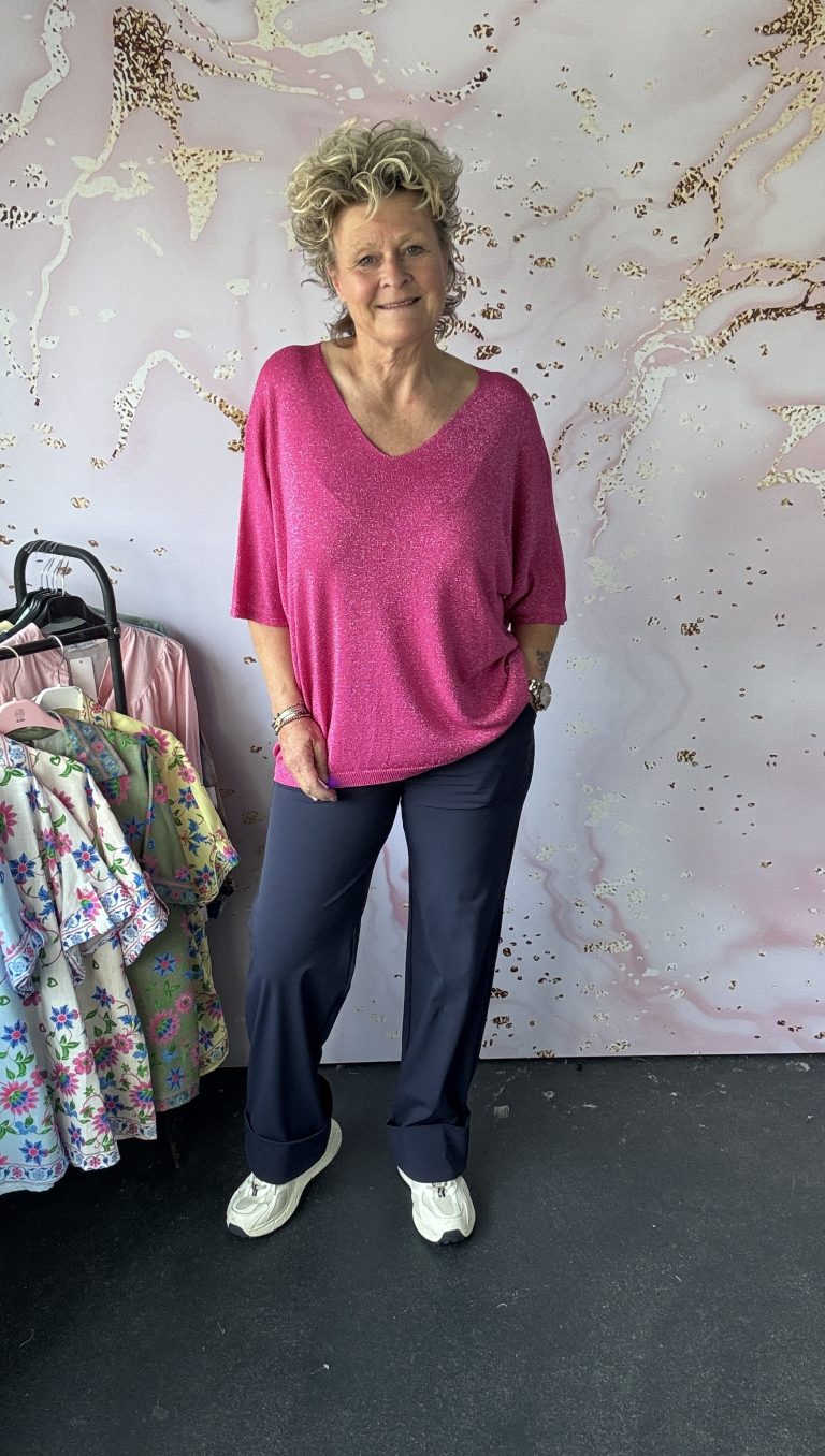 Trui V hals glans fuchsia